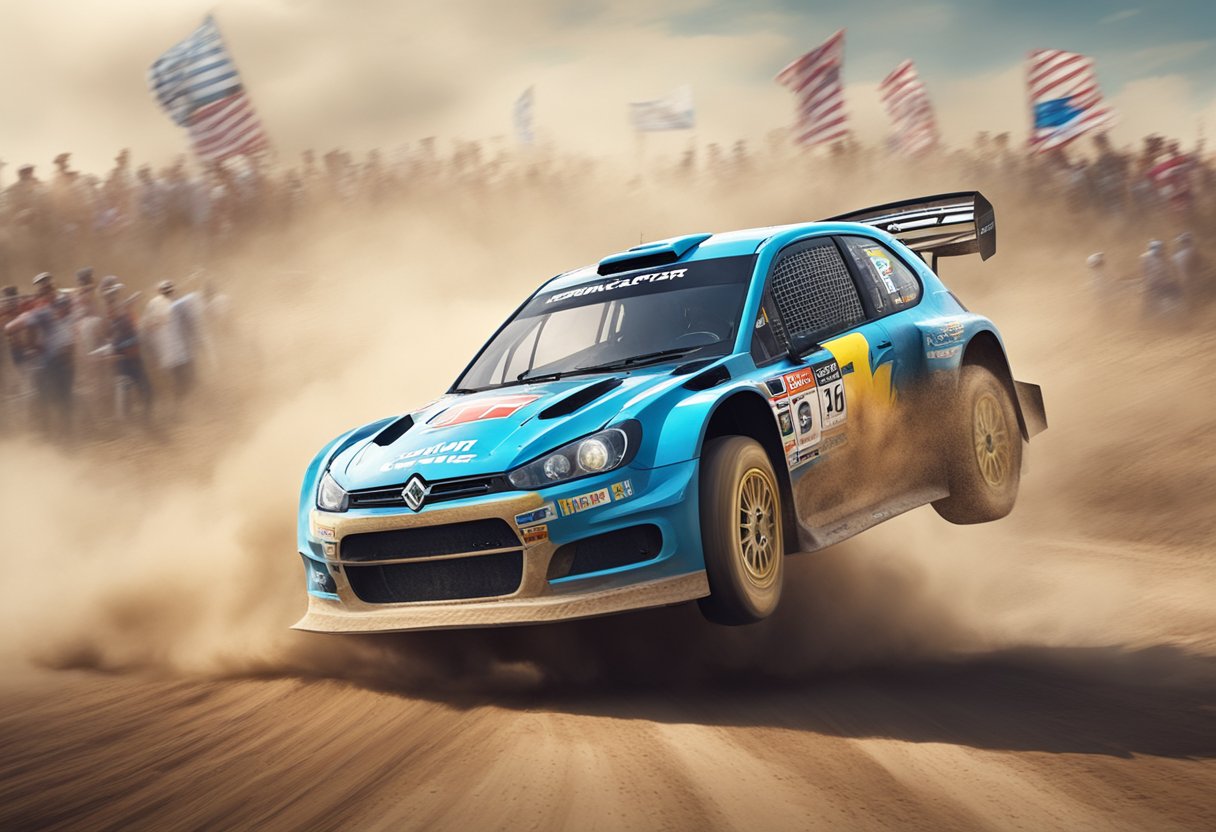 A rally car speeding through a dirt track, kicking up clouds of dust, with a cheering crowd in the background