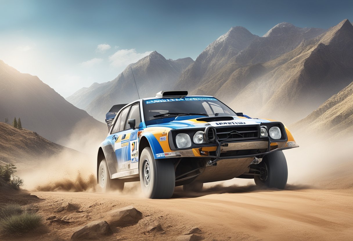 A rally car speeding through a dusty, rugged terrain with a backdrop of mountains and a clear blue sky