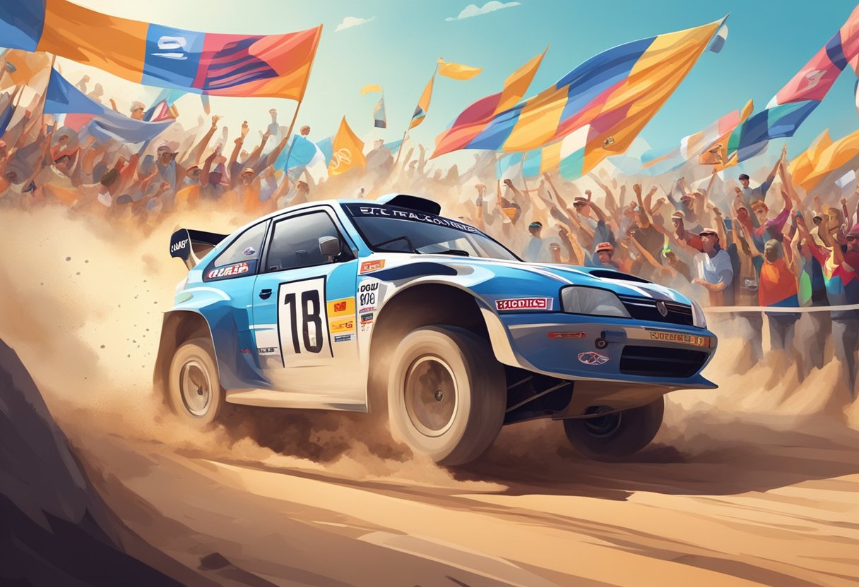 A rally car speeding through a dusty track, surrounded by cheering fans and colorful team banners