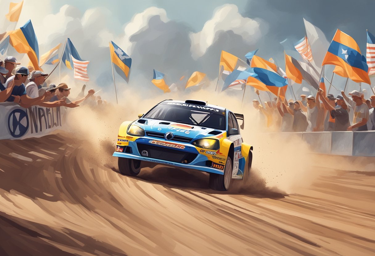 A rally car speeds through a winding dirt track, kicking up clouds of dust. Spectators line the sidelines, cheering and waving flags