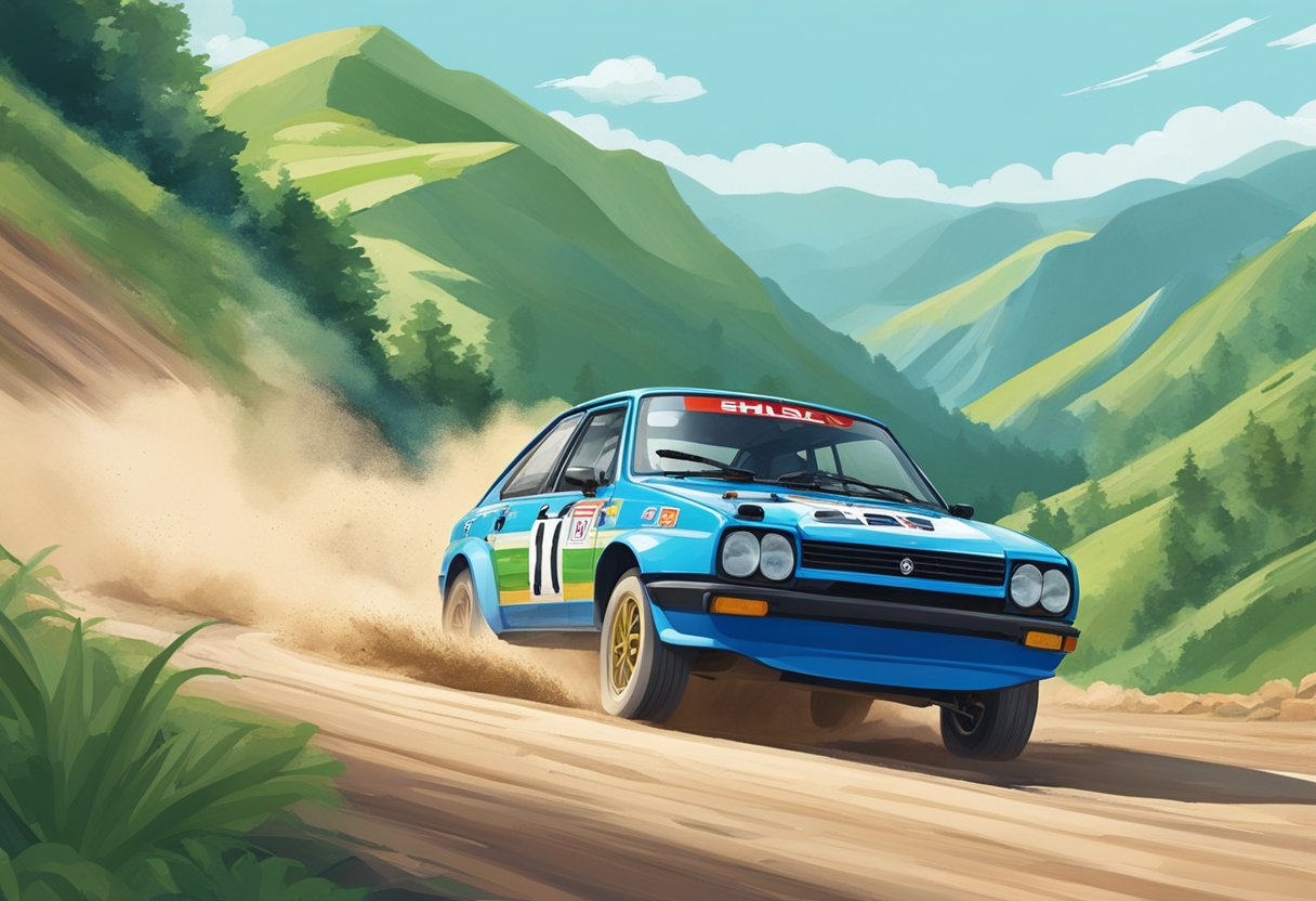 A rally car speeds through a winding mountain road, surrounded by lush greenery and a clear blue sky. The car's tires kick up dust as it navigates the sharp turns, creating a sense of excitement and adrenaline