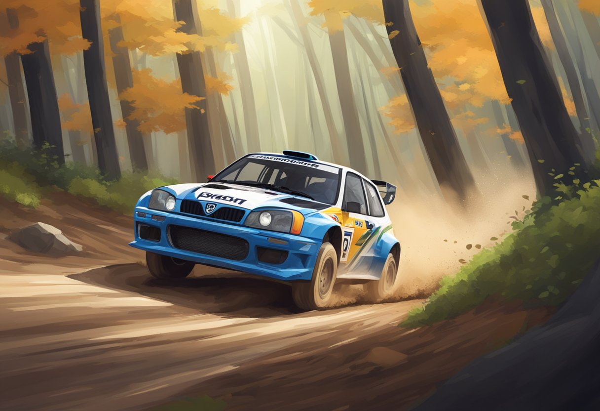 A rally car speeds through a forest, kicking up dirt and leaves as it navigates sharp turns and jumps on a winding dirt track