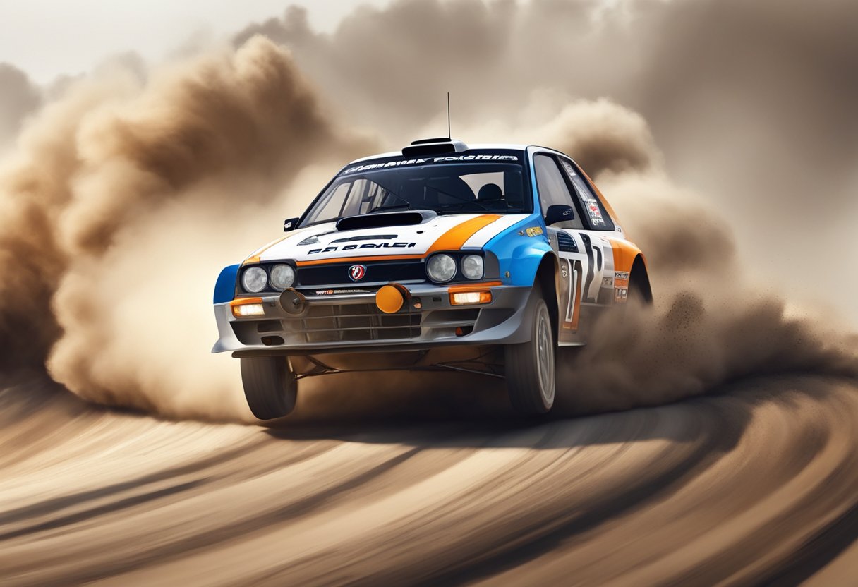 A rally car speeds through a winding dirt track, kicking up clouds of dust. The engine roars as the vehicle navigates sharp turns and jumps, showcasing the technical aspects and design of rally racing