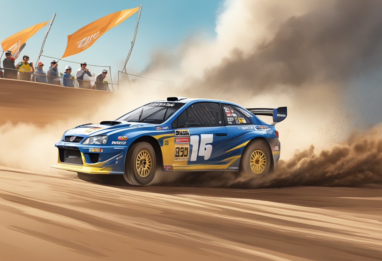 A rally car speeds through a winding dirt track, kicking up clouds of dust as it navigates sharp turns and jumps. Spectators line the sidelines, cheering on the drivers as they race towards the finish line