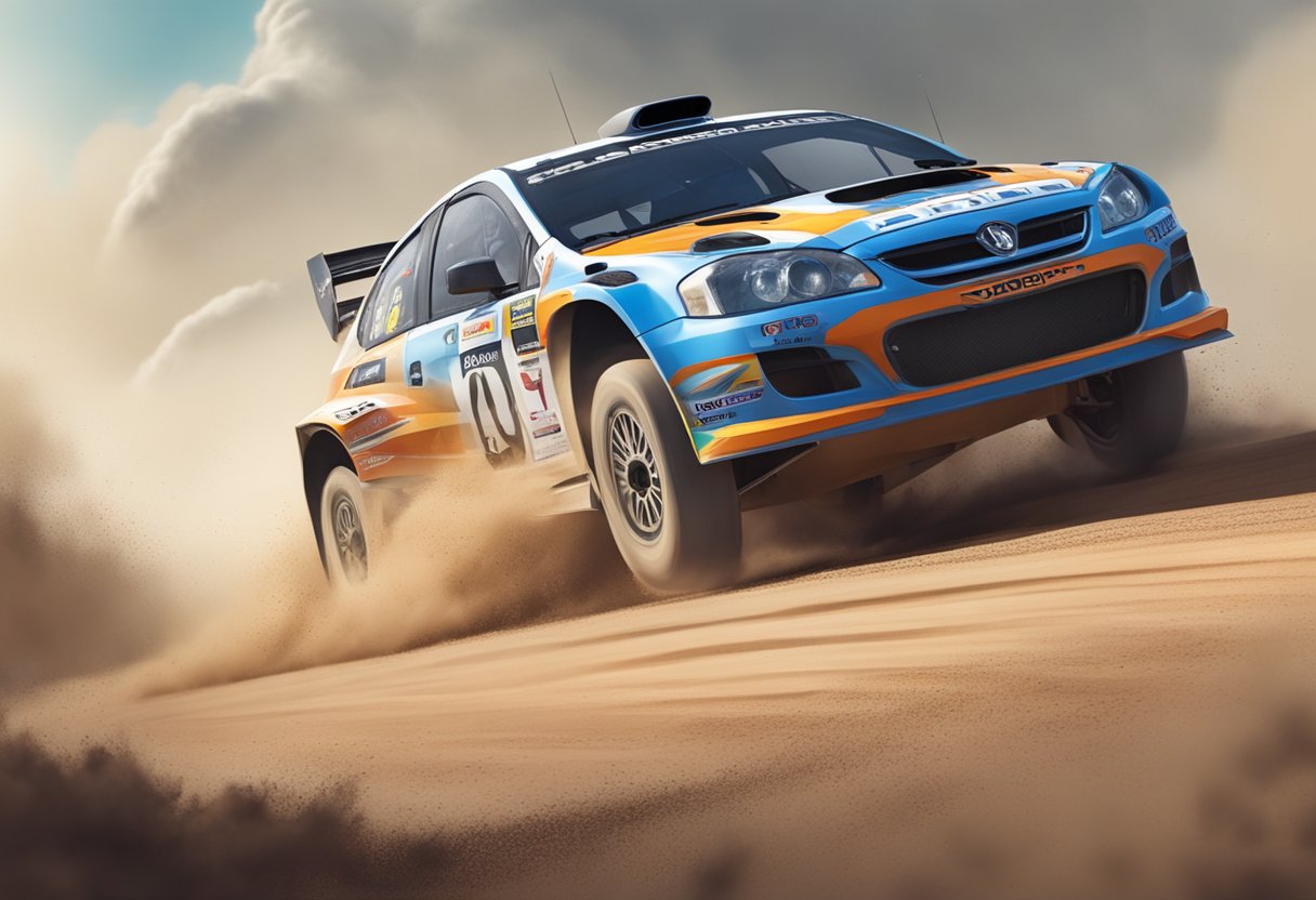 A rally car speeds through a winding dirt track, kicking up clouds of dust as it races towards the next checkpoint