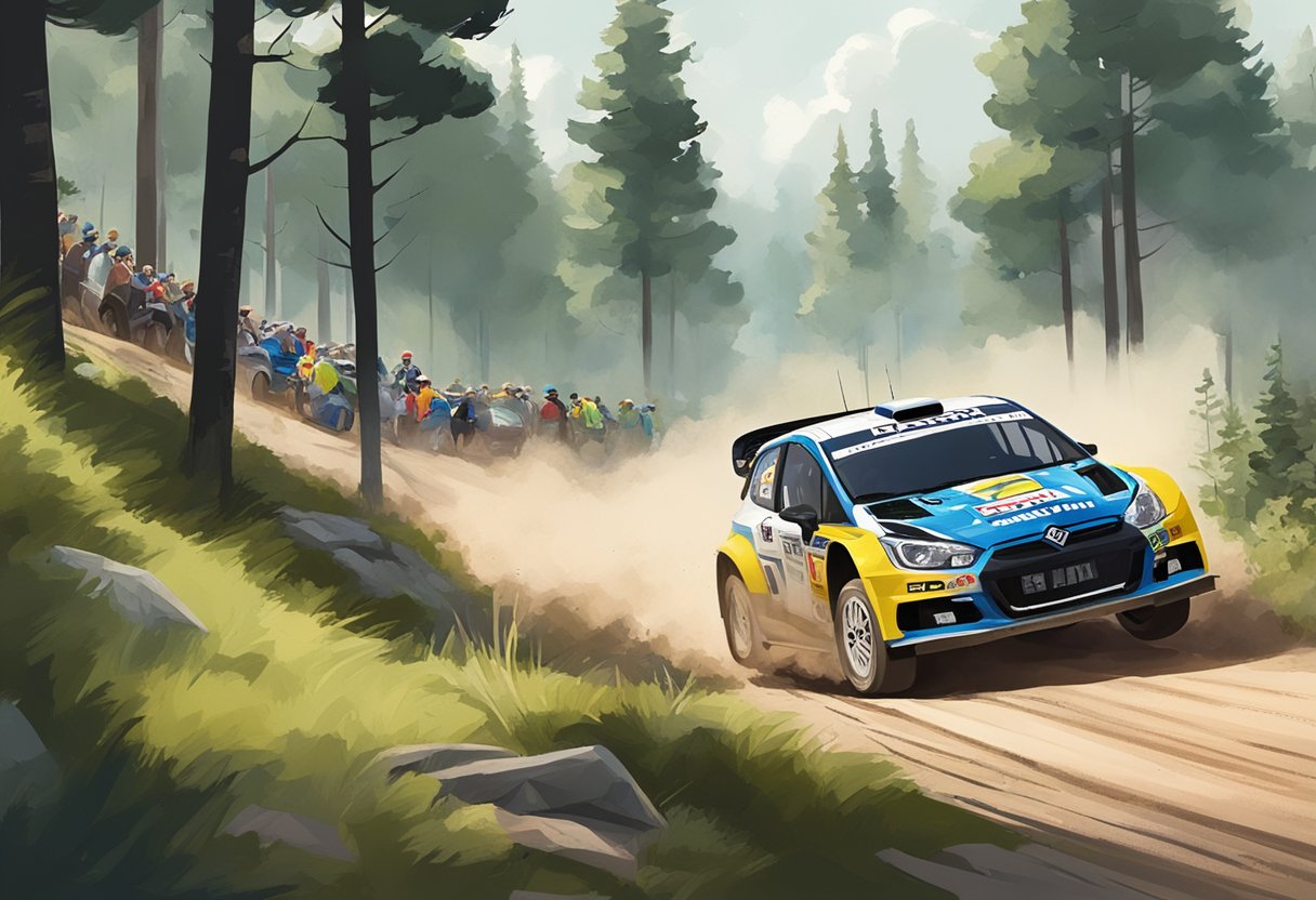 The South Swedish Rally takes place in a scenic forest with winding dirt roads and lush greenery. Spectators line the route, and rally cars speed around sharp corners, kicking up clouds of dust