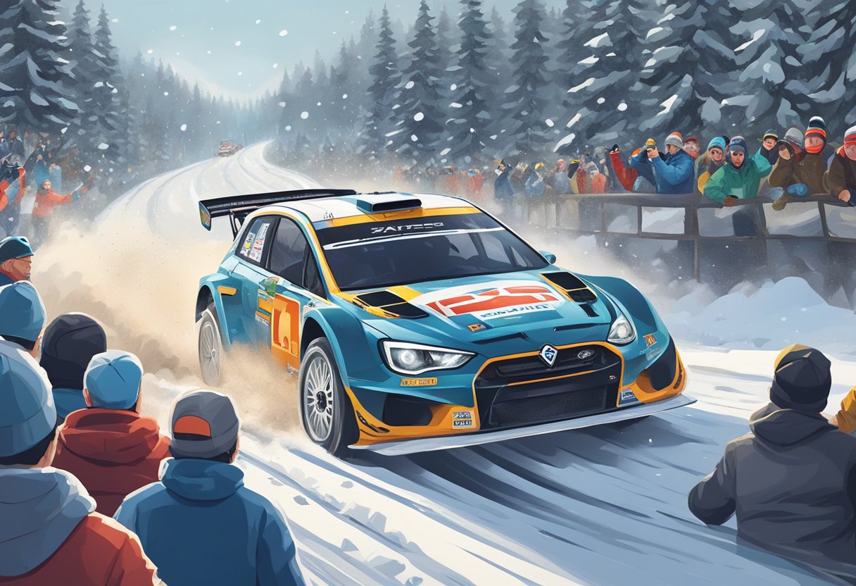 A snowy forest track with rally cars speeding through the winding roads, surrounded by cheering spectators and media crews capturing the action