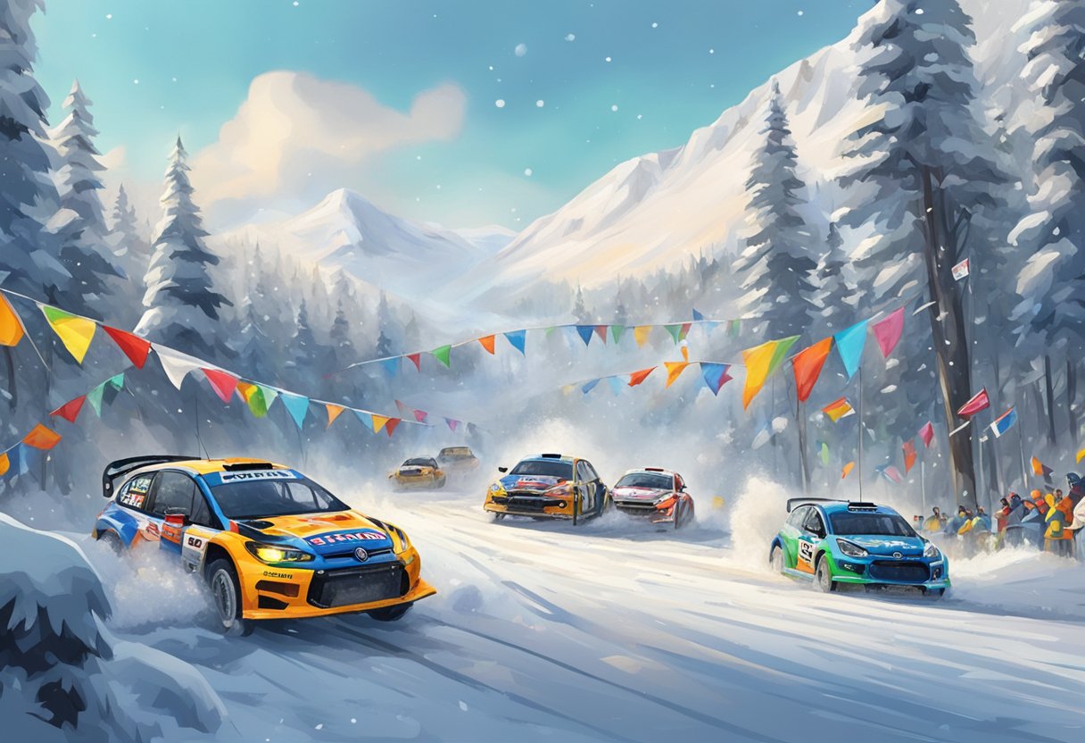 A snowy forest clearing with rally cars speeding through icy turns, surrounded by cheering spectators and colorful flags