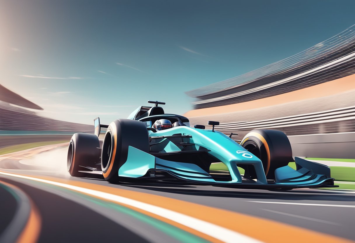 A race car speeding around a curve on a futuristic F1 track in 2024