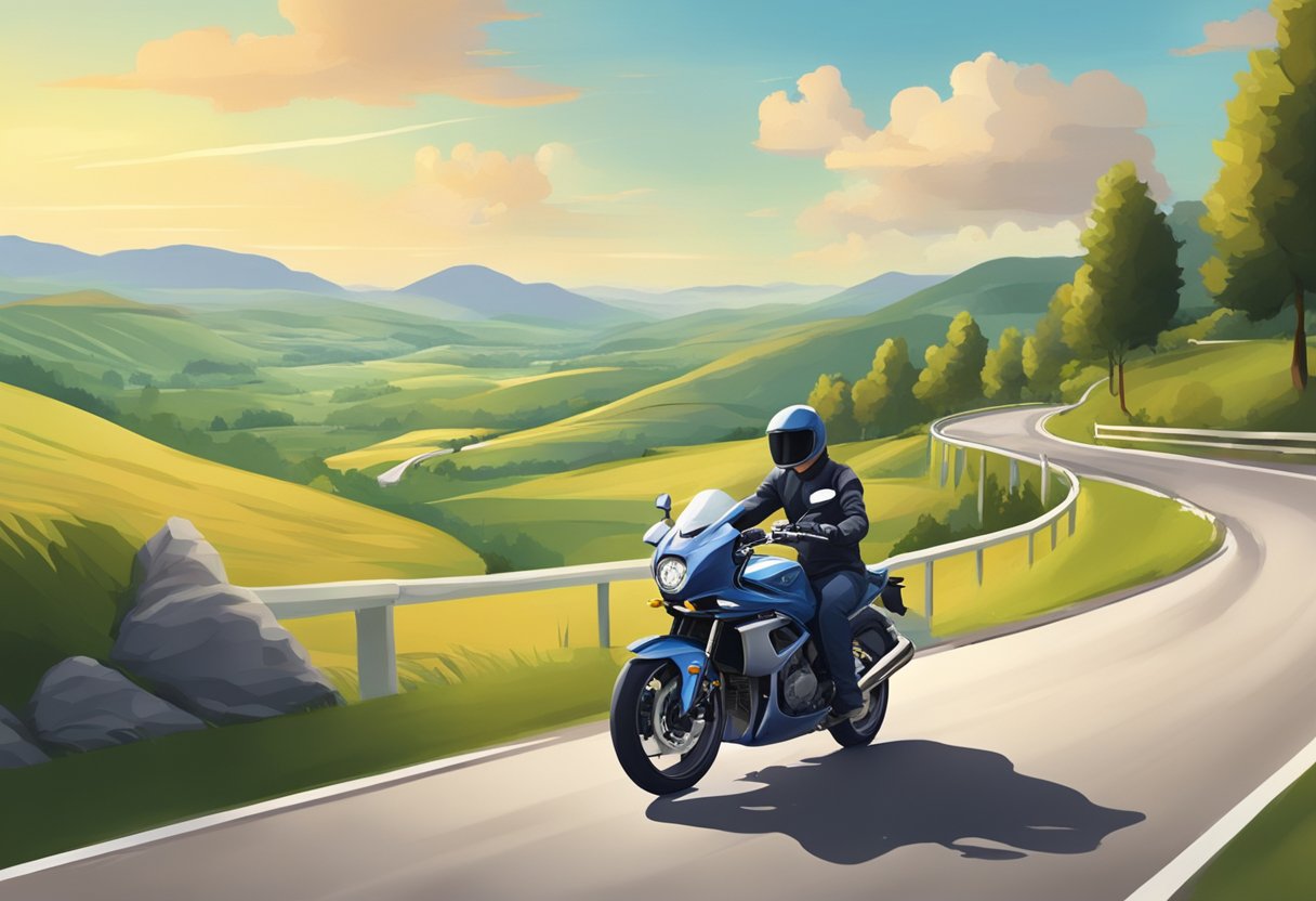 A motorcycle slowing down using motor braking on a winding road in a scenic countryside setting