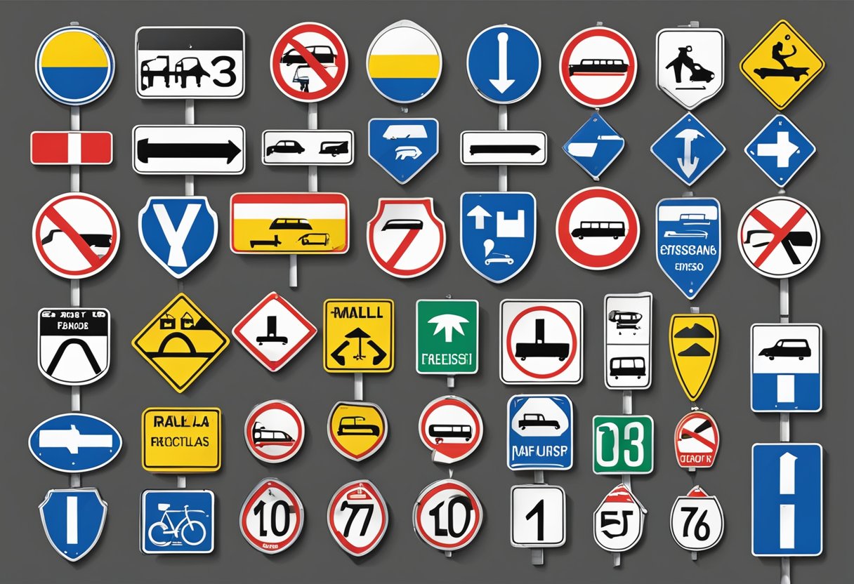 A variety of Swedish road signs arranged on a wall, showcasing the different designs and regulations