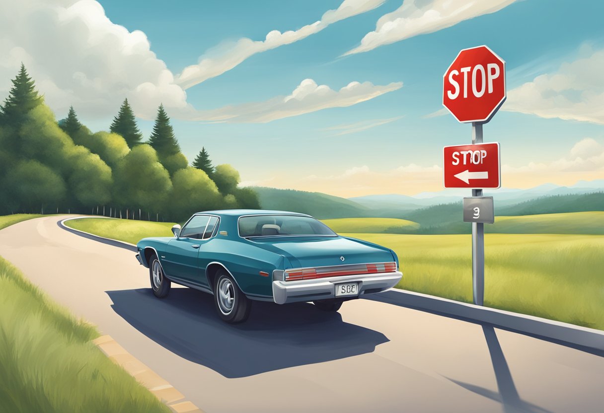 A car approaching a stop sign with a clear view of the road ahead