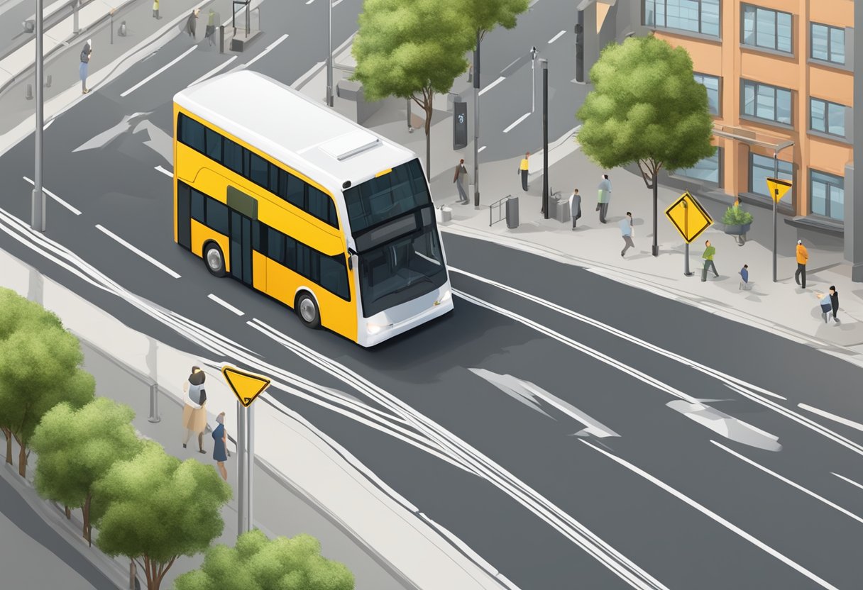 A bus approaching an intersection with a yield sign, indicating that the bus has the right of way according to traffic rules