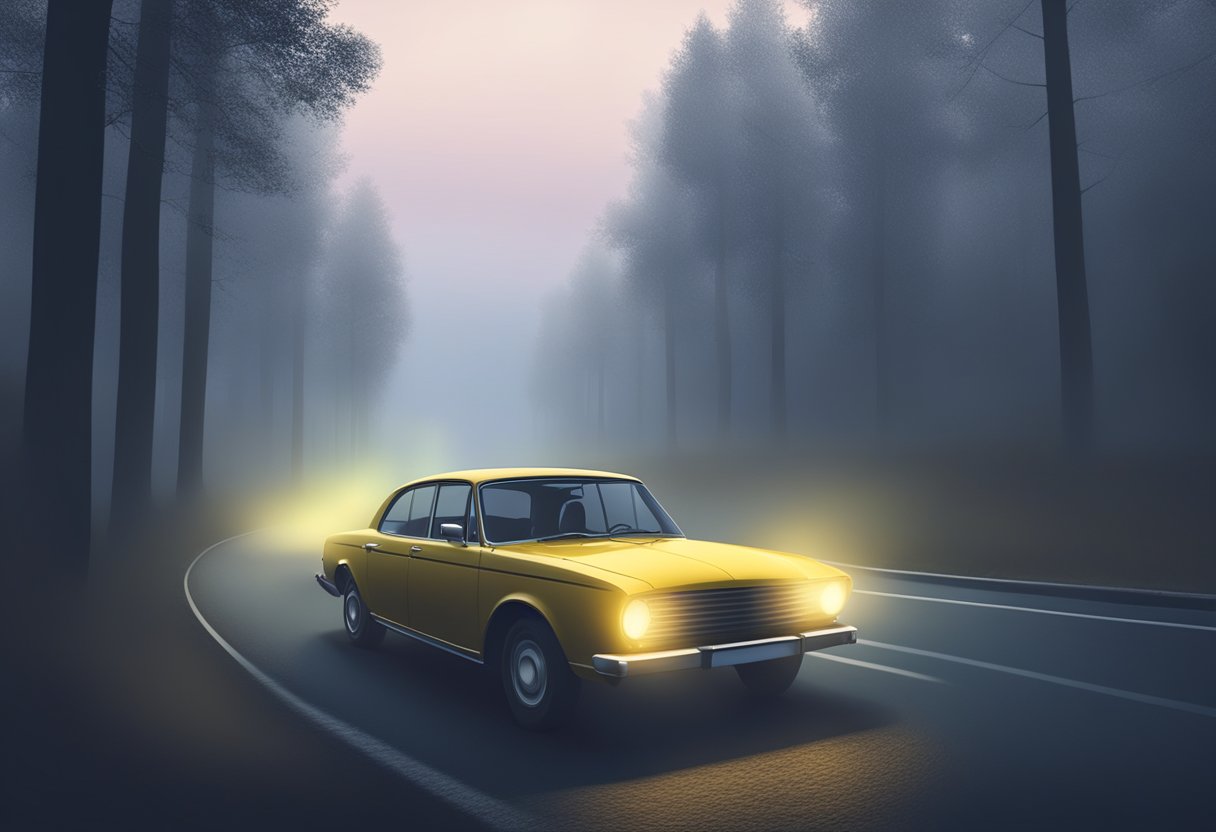 A car driving in dark and foggy conditions, without fog lights. Choosing appropriate lighting for visibility