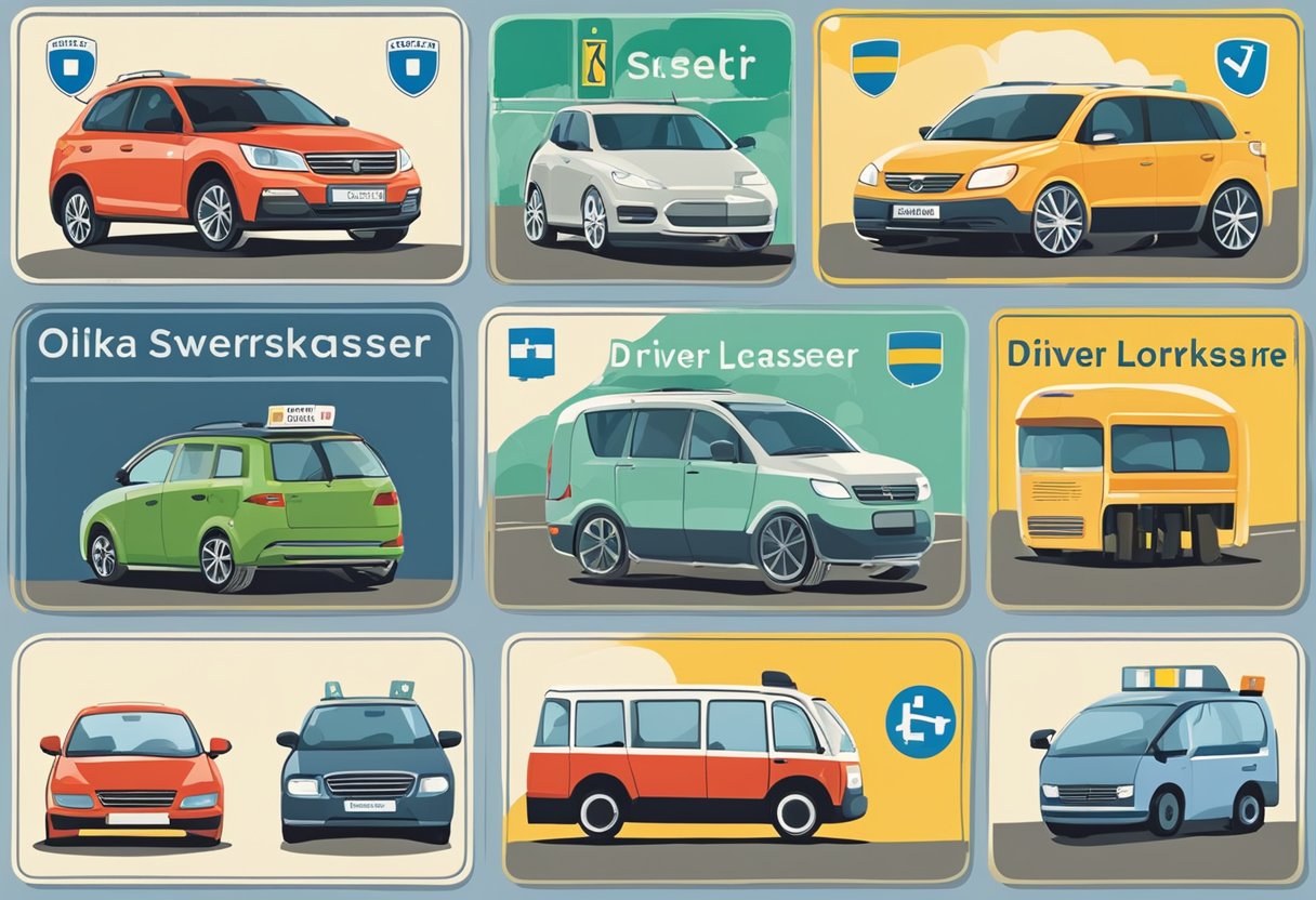 Various types of driver's licenses in Sweden. Illustrate different vehicles and road signs with the Swedish text "Olika Körkortsklasser i Sverige" visible