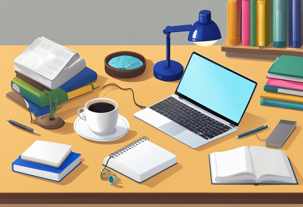A study desk with open textbooks, a notebook, and a pen. A laptop displaying driving theory material. A cup of coffee and a desk lamp