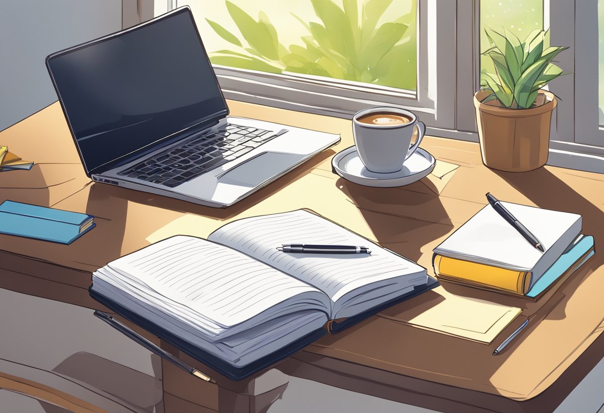 A study desk with open books, notes, and a laptop. A cup of coffee sits beside a highlighter and pen. The room is well-lit with natural sunlight