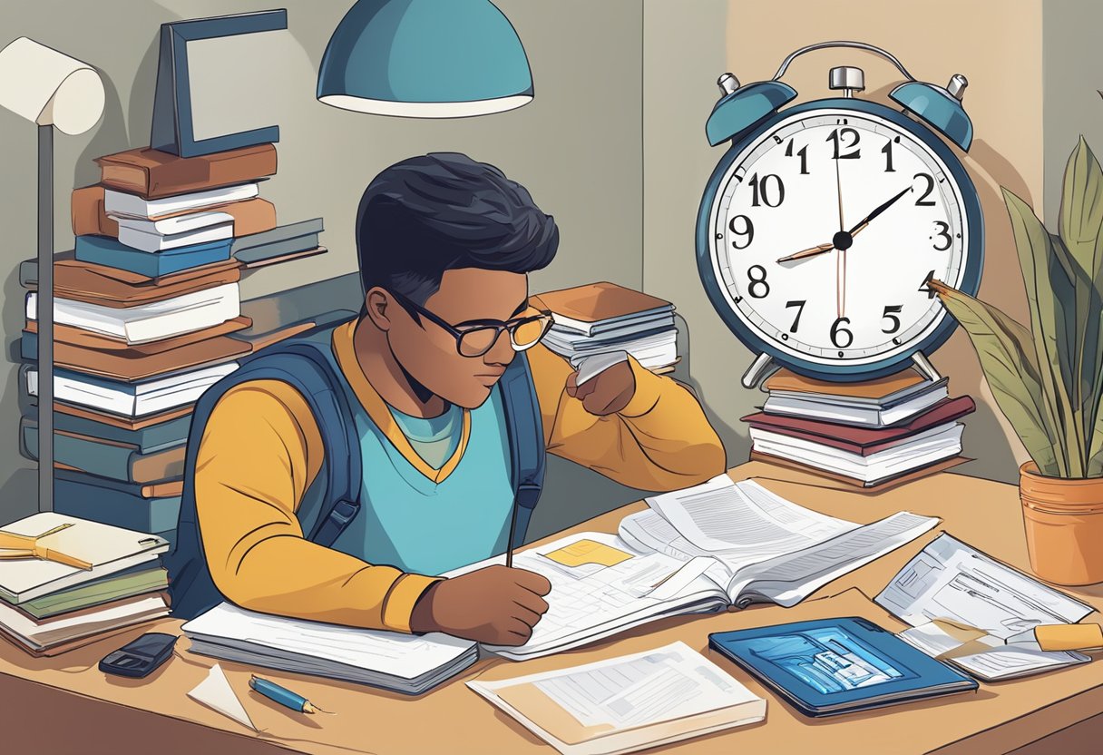 A person studying for their driver's license theory test, surrounded by study materials and a clock showing the passage of time
