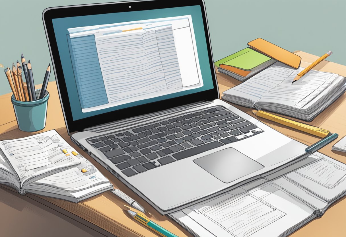 A desk with open textbooks, notes, and a laptop. A pencil and eraser sit nearby. A study guide and practice tests are scattered across the surface