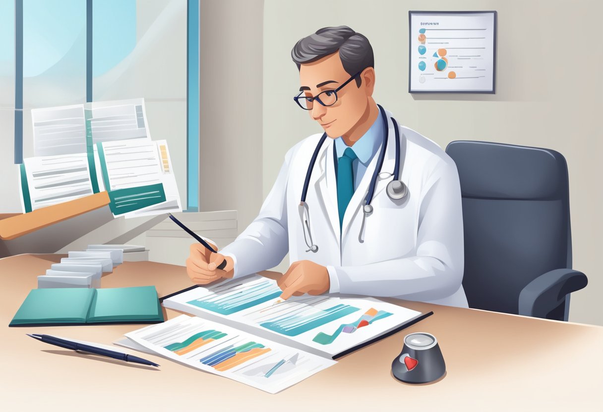 A doctor examines a heart failure patient's medical chart and prescribes treatment methods