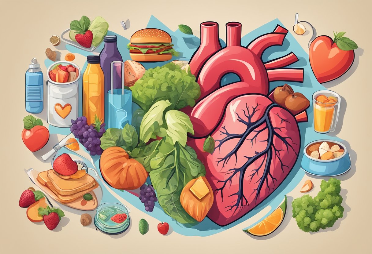 A heart surrounded by unhealthy lifestyle choices and protective measures, symbolizing risk factors and prevention of heart attack