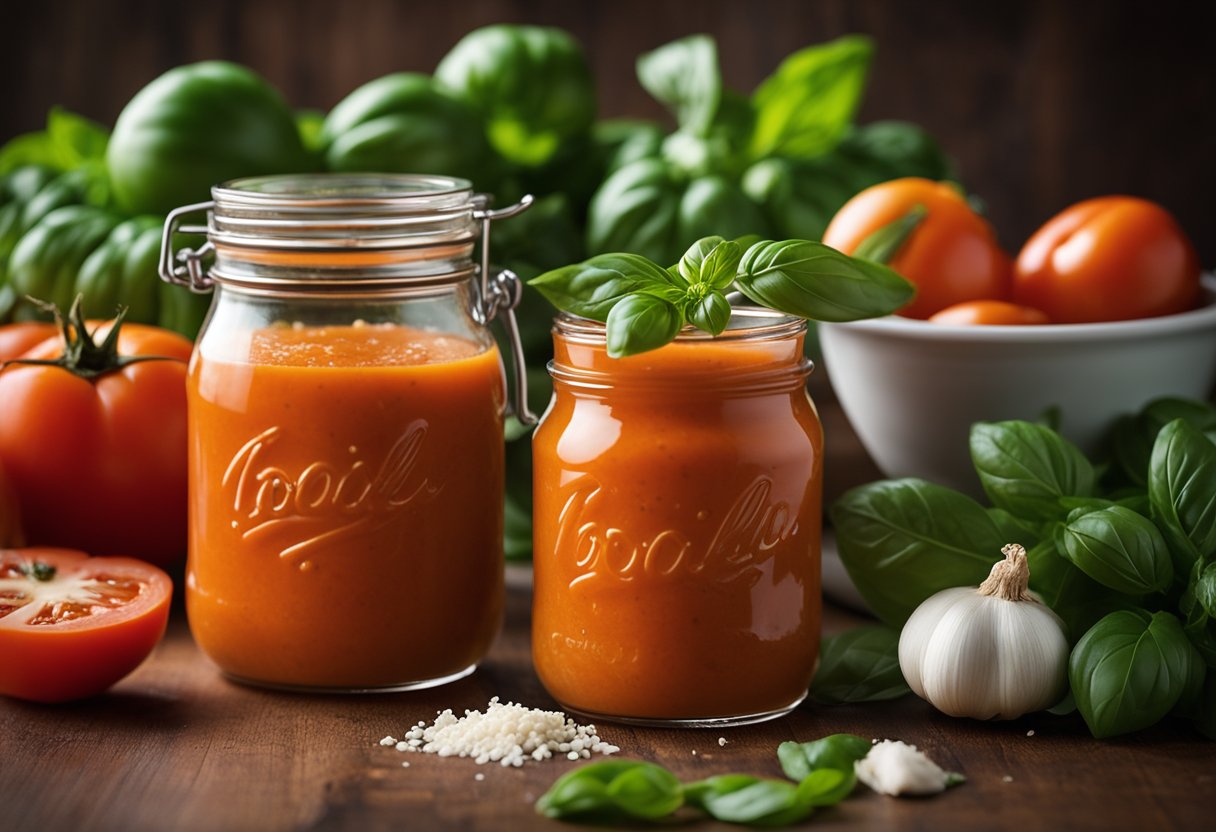 A jar of vodka sauce sits on a kitchen counter, surrounded by fresh tomatoes, garlic cloves, and basil leaves. A pot simmers on the stove, filled with the rich, creamy sauce