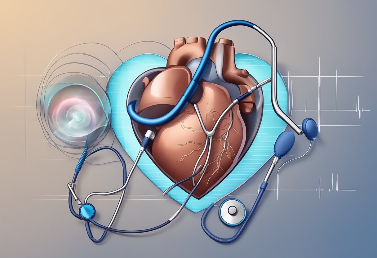 A stethoscope placed on a beating heart, with sound waves emanating from it, indicating the presence of a heart murmur