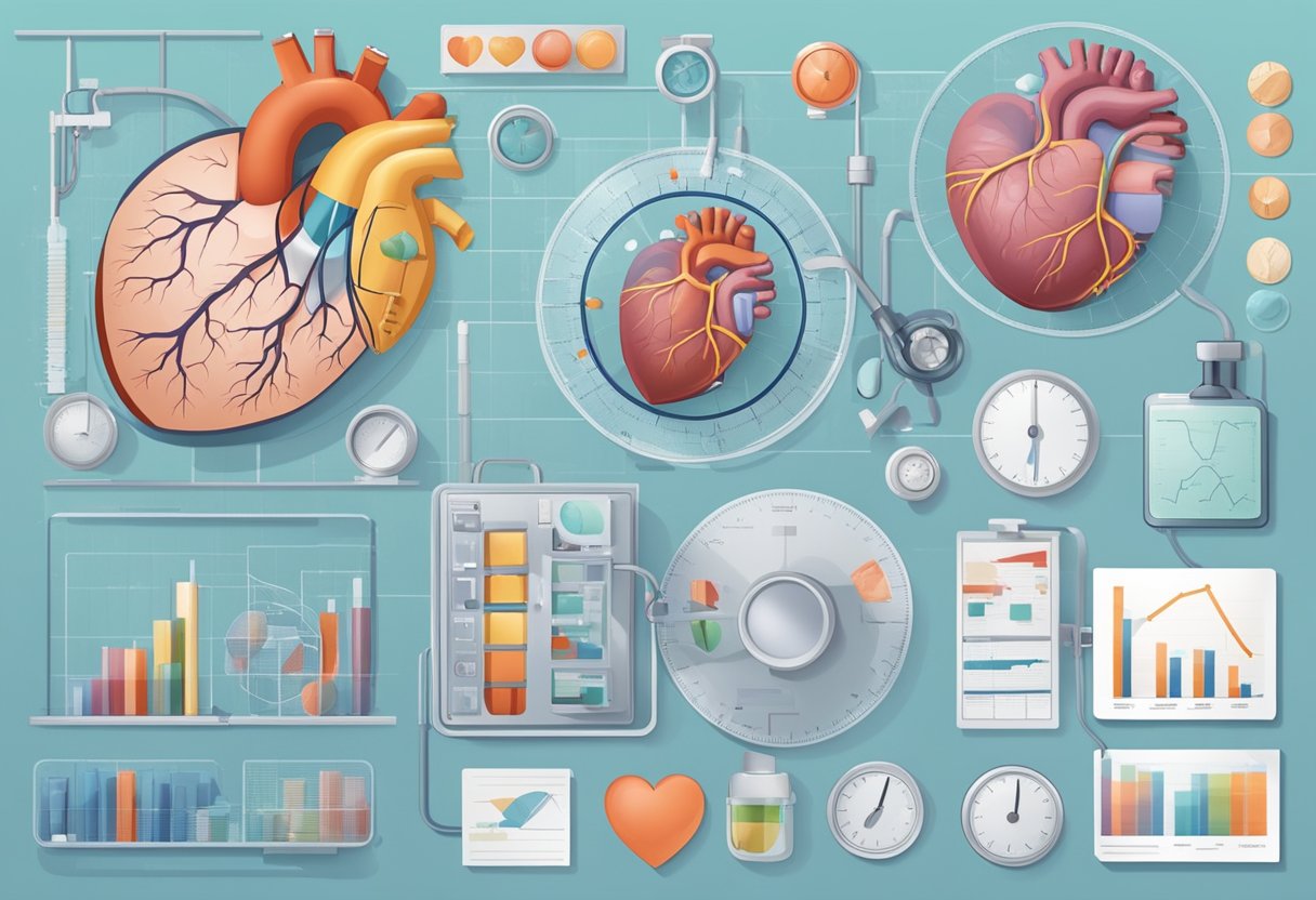 A heart with visible enlargement, surrounded by medical equipment and charts, indicating symptoms and complications