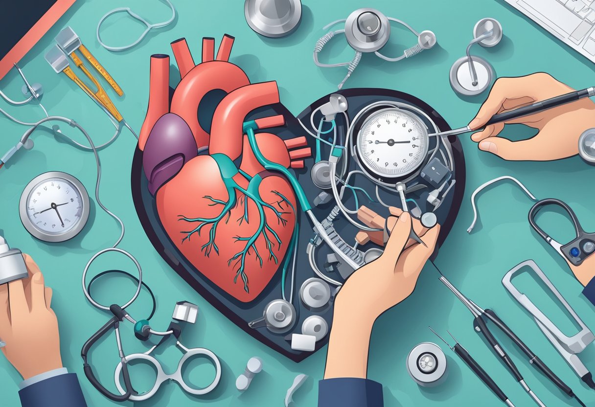 A heart surrounded by medical equipment and a doctor's hands adjusting settings