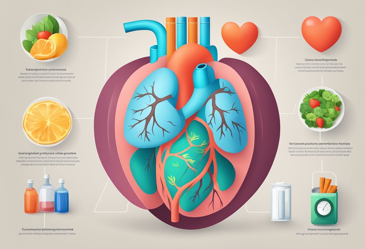 A heart surrounded by factors like smoking and high blood pressure, while being shielded by exercise and healthy diet