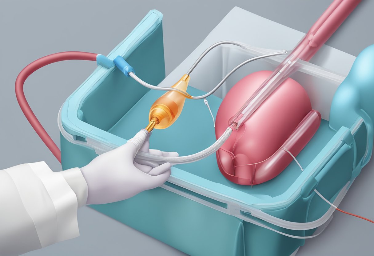 A narrow pulmonary artery being widened by a balloon catheter during a diagnostic and treatment procedure