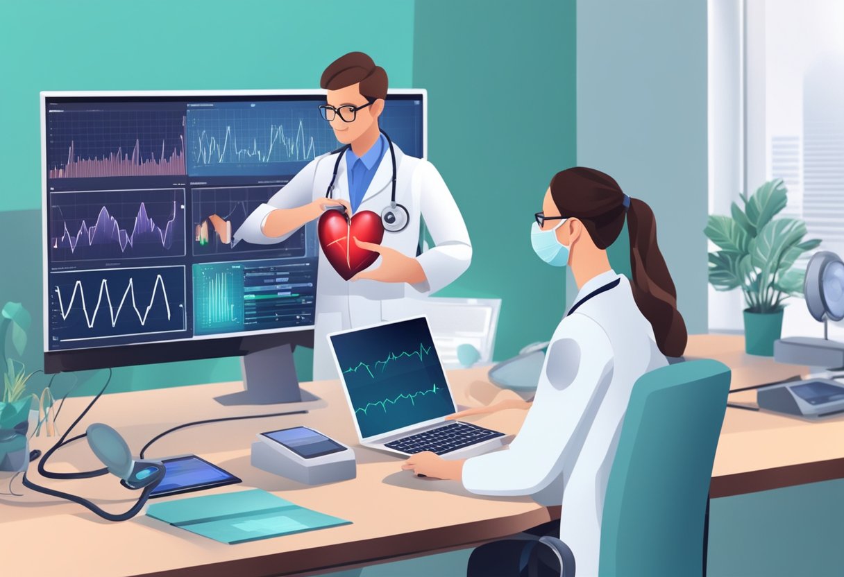 A doctor examines a patient's heart with a stethoscope, while a monitor displays heart rhythms. Medical tools and equipment surround them