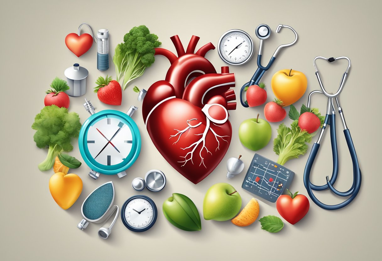 A heart surrounded by healthy lifestyle symbols and medical equipment to prevent and manage heart problems