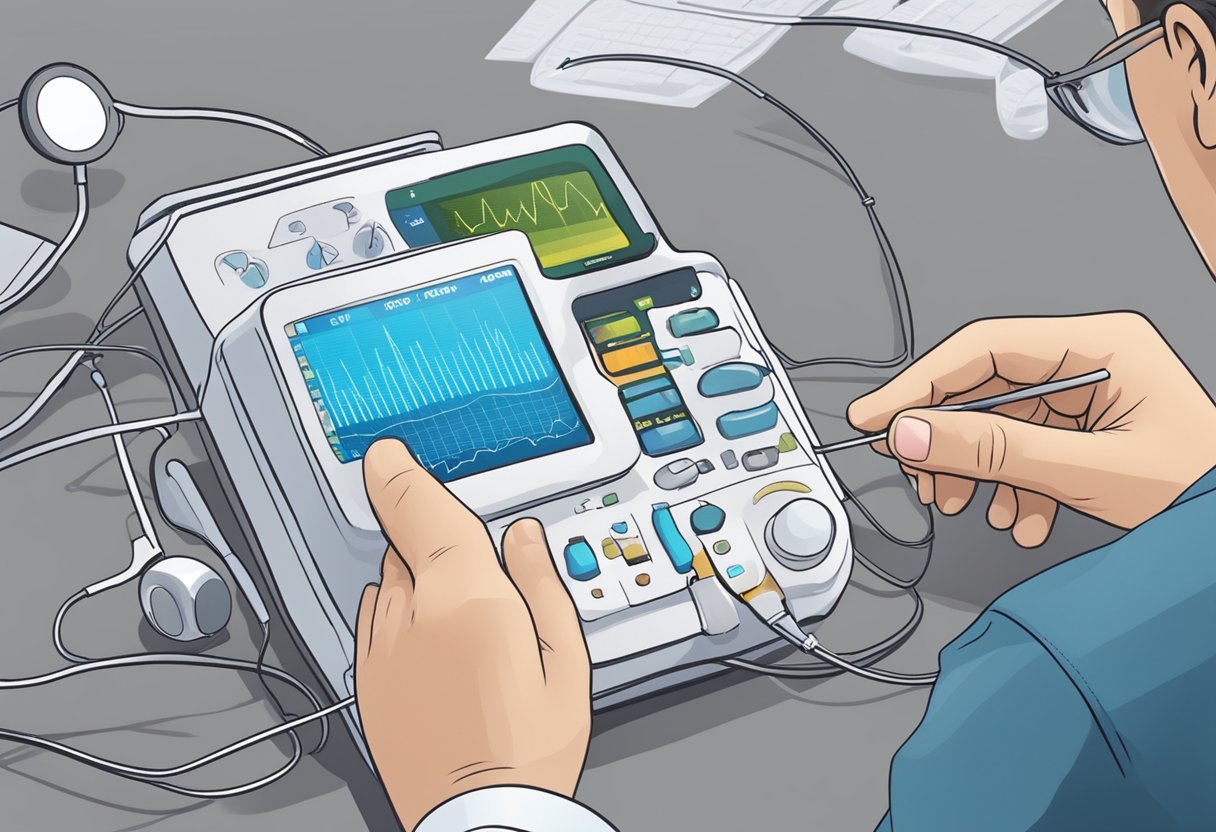 A heart monitor displays irregular rhythms, while a doctor adjusts medication dosage