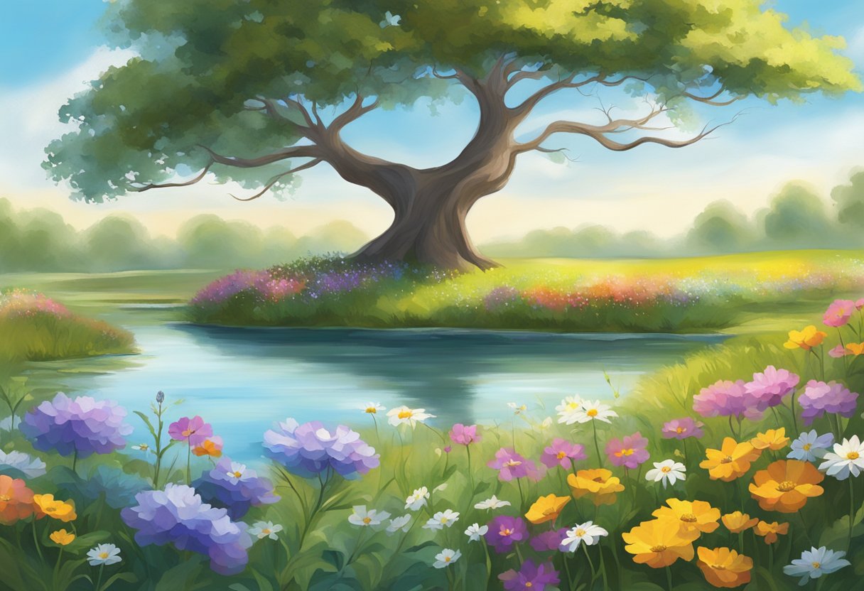 A peaceful meadow, with a lone tree swaying gently in the breeze, surrounded by colorful wildflowers and a serene, still pond