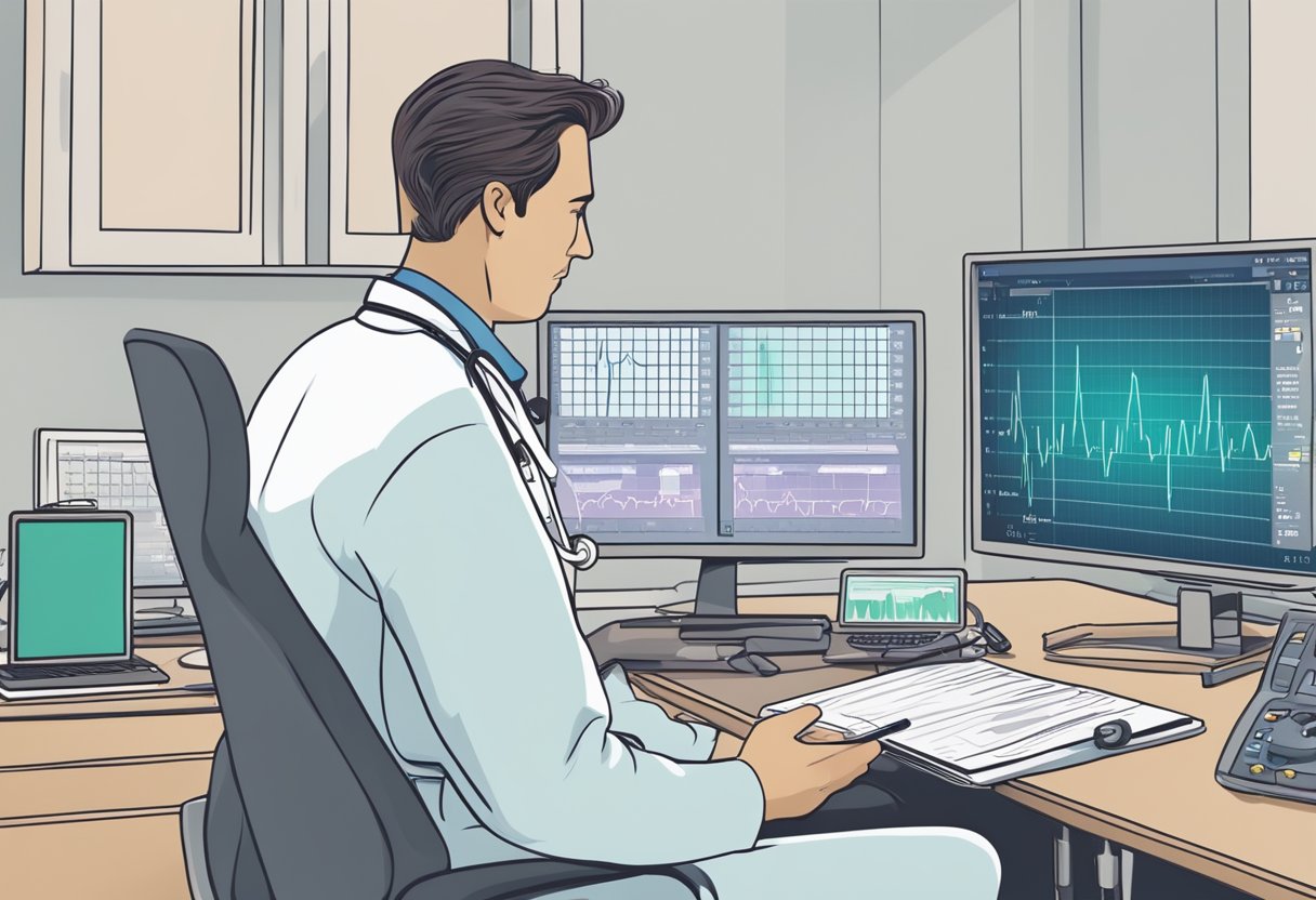 A heart monitor displays irregular activity, while a doctor observes and takes notes in a clinical setting