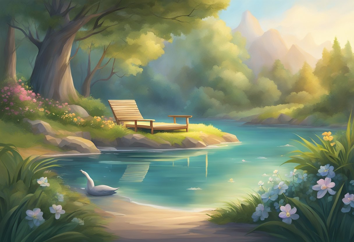 A calm, peaceful setting with a resting heart surrounded by gentle, soothing elements