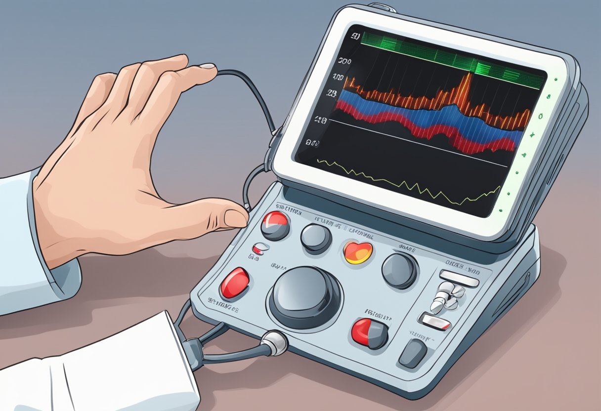 A heart monitor beeping rapidly, with a red warning light flashing. A doctor's hand reaching for the alarm button