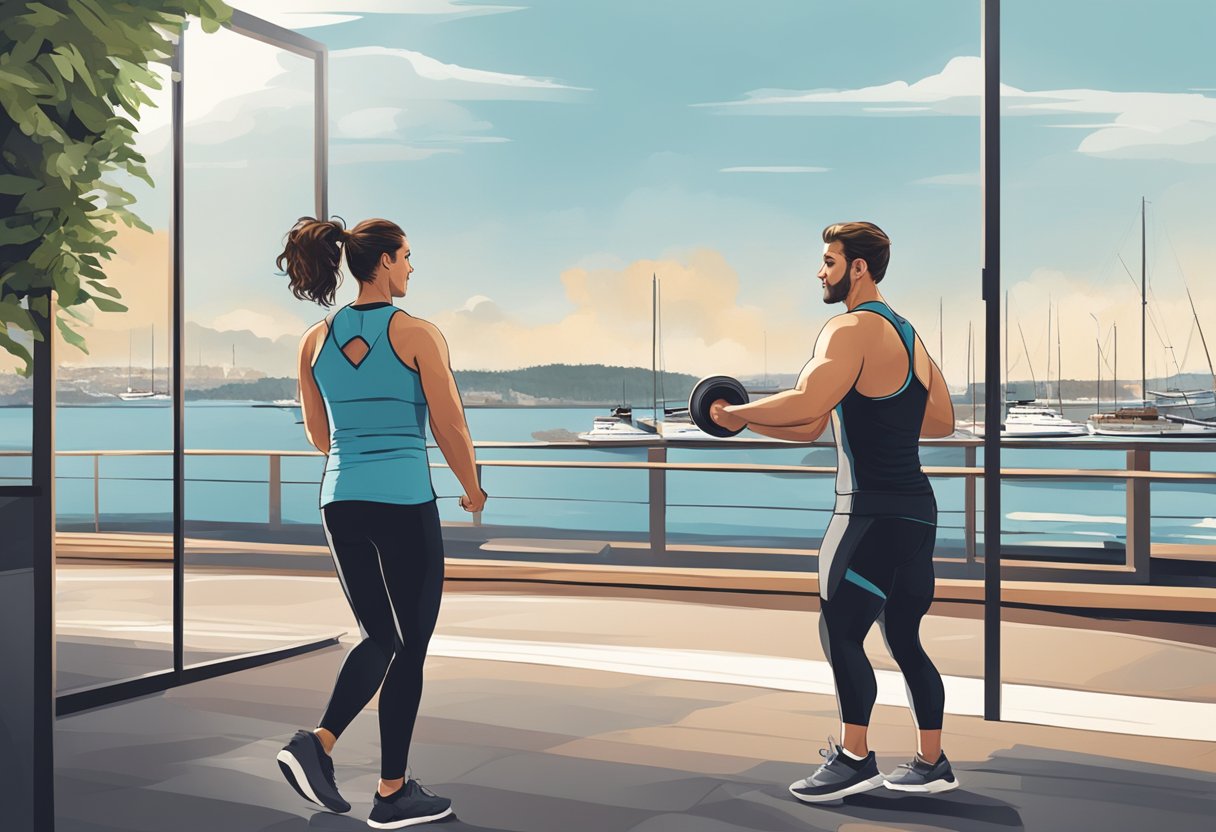 A personal trainer on Islands Brygge, overlooking the waterfront and guiding a client through a workout routine