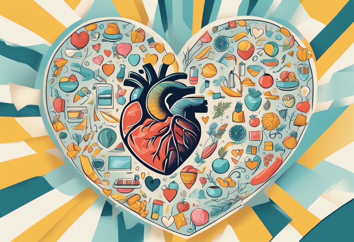 A heart with jagged lines pulsating erratically, surrounded by unhealthy lifestyle symbols