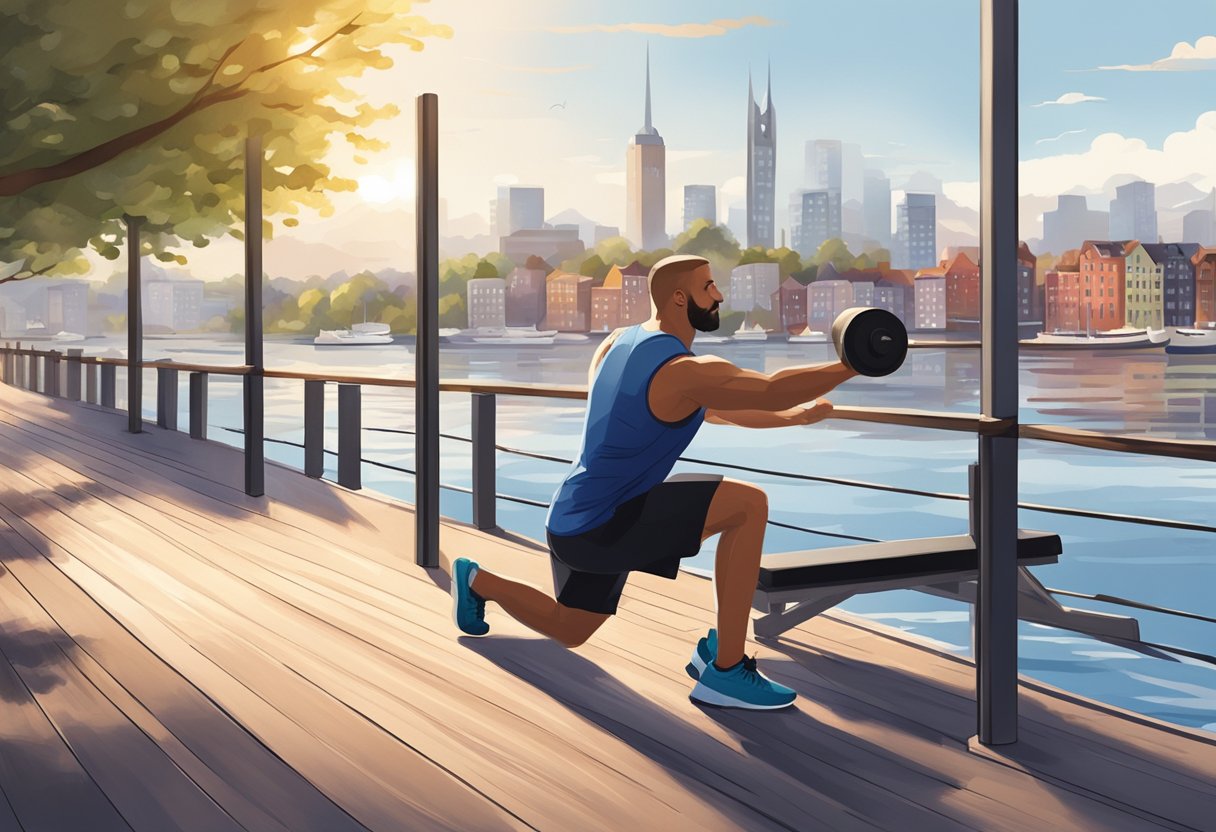 A personal trainer guiding a client through exercises by the waterfront at Islands Brygge, with a picturesque view of the city skyline in the background