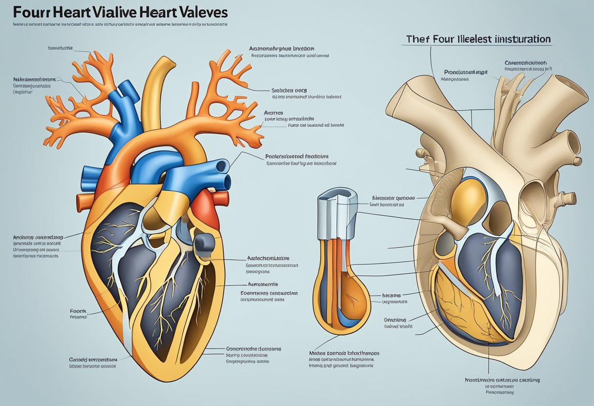 The four heart valves are depicted in a diagram, labeled and showing their structure and function