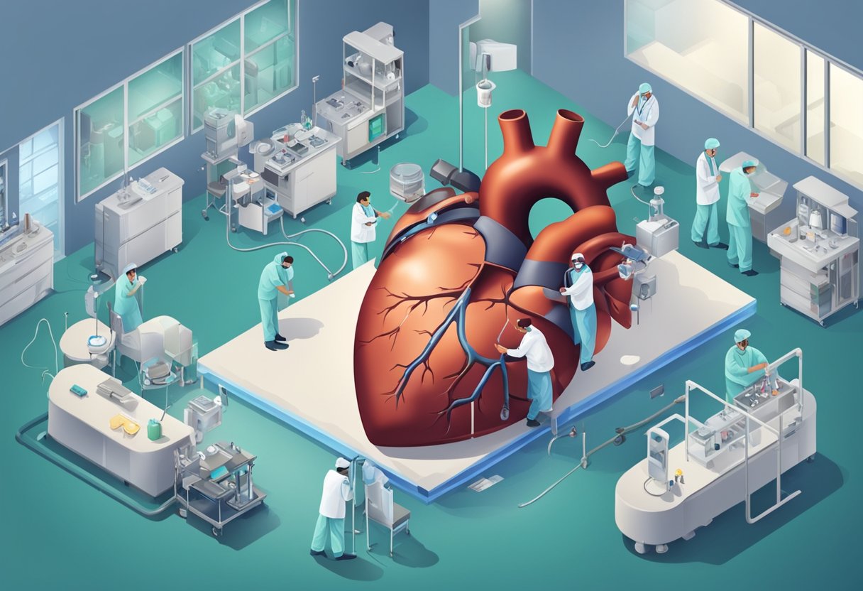 A heart with a leaking valve, surrounded by medical equipment and a surgical team preparing for an operation