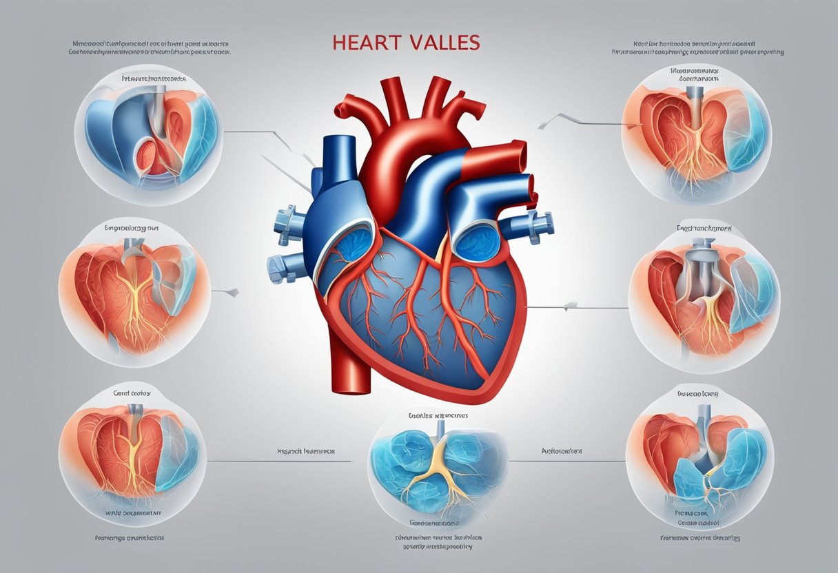 Heart valves failing, causing symptoms. Medical treatments shown. No human figures or body parts