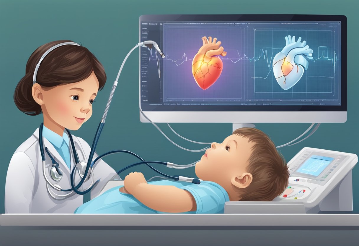 A child's heart is monitored with a stethoscope, EKG, and ultrasound