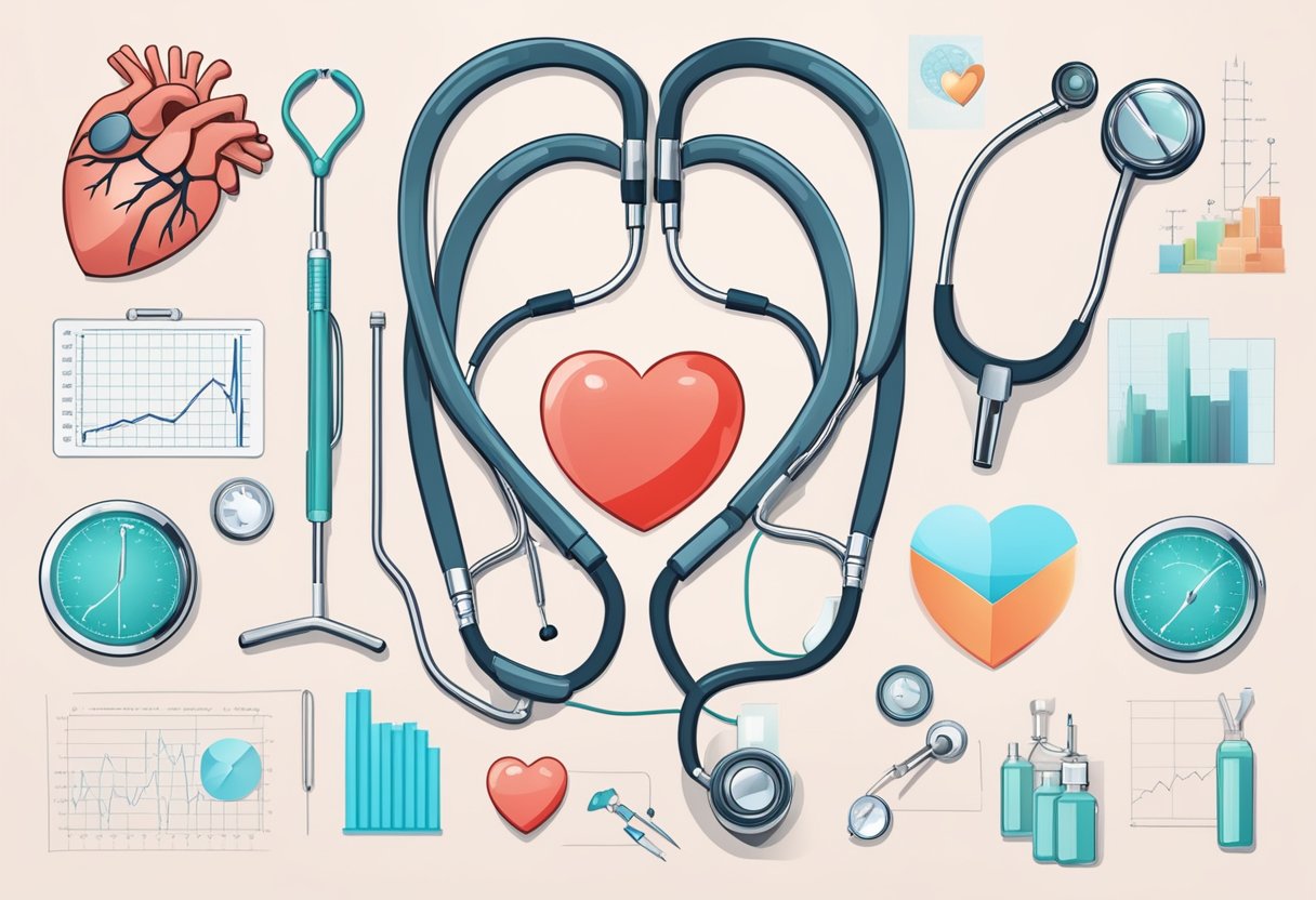 A stethoscope placed on a heart-shaped diagram, surrounded by medical equipment and charts. A doctor's hand points to the area representing the most common heart defect