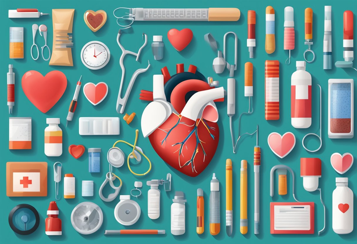 A heart surrounded by medical tools and medications, representing prevention and treatment of heart problems