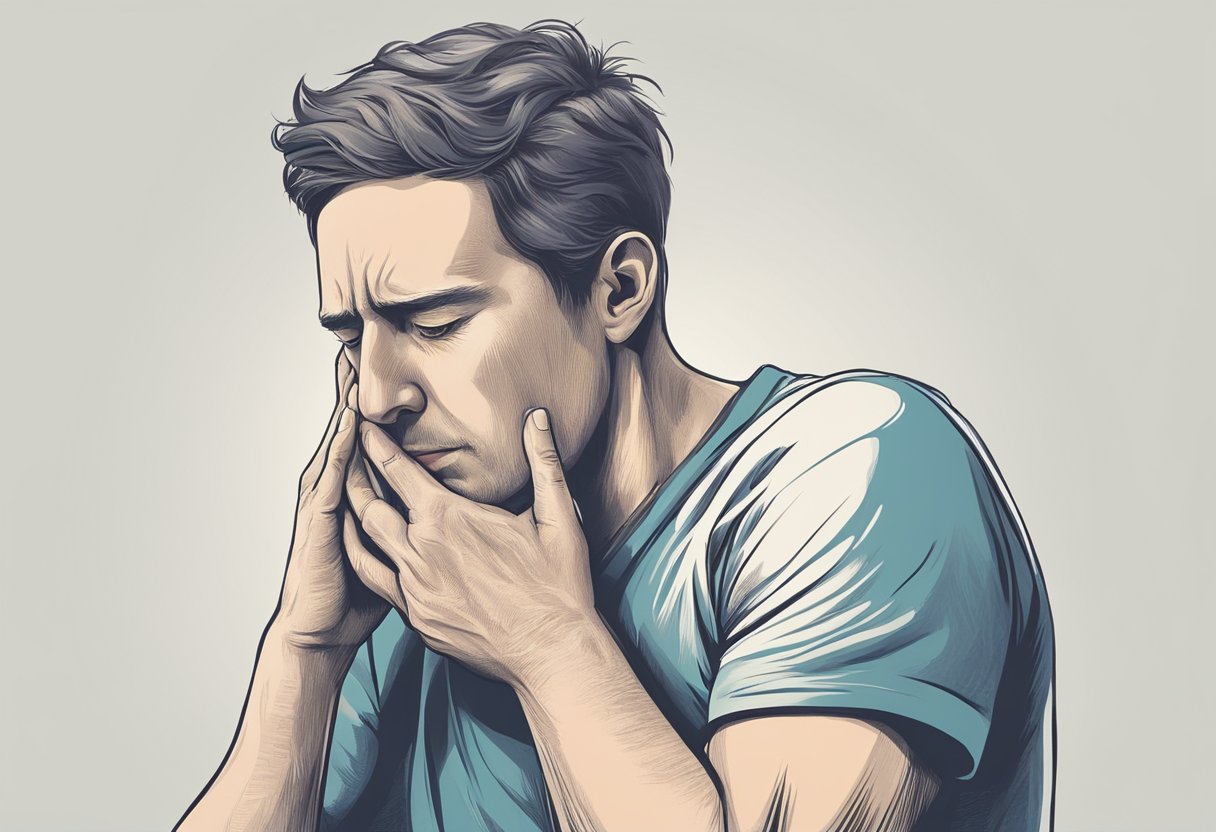 A person clutching their chest in pain, but with no visible signs of distress on their face. They may be pale and sweating, but otherwise appear calm