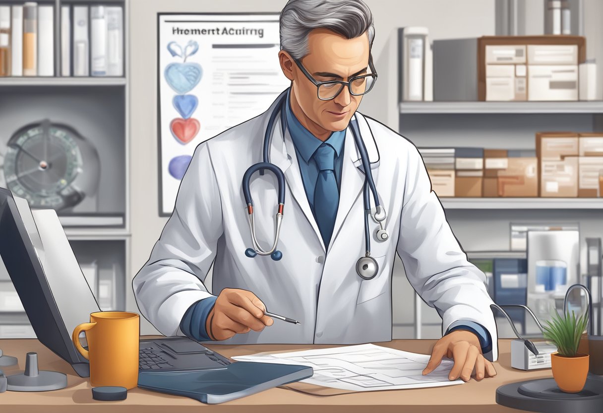 A doctor diagnosing a heart attack, prescribing treatment, and monitoring recovery