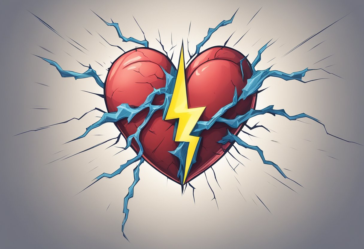 A heart with a lightning bolt striking one side, causing a crack, while a bandage wraps around the other side